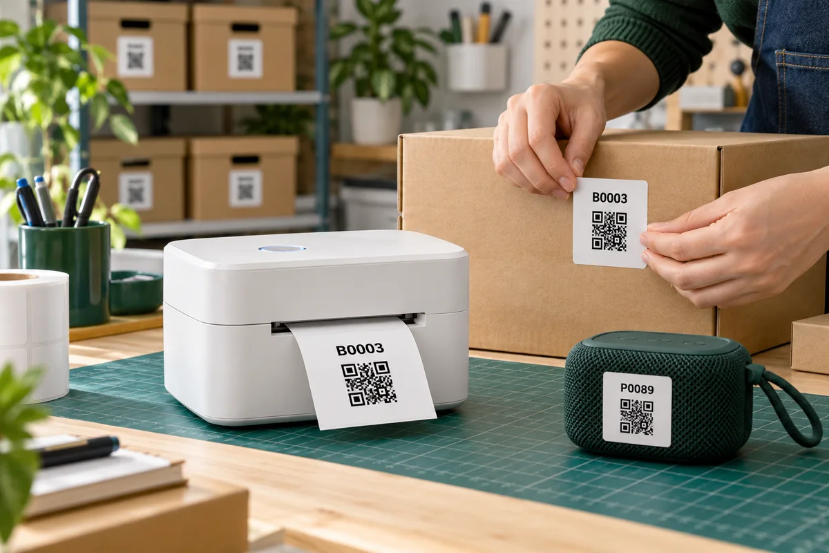 Impresora térmica creando etiquetas QR para una caja y un producto