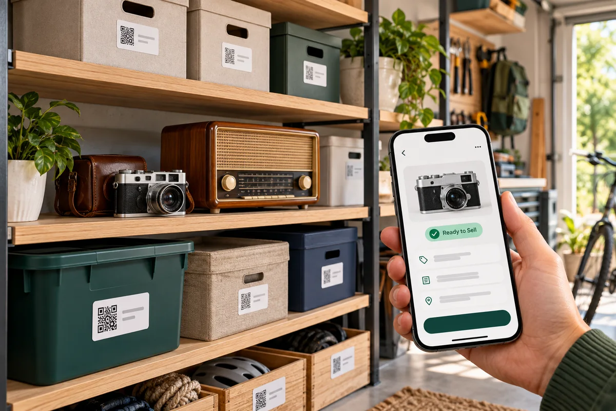 Cajas y productos organizados con etiquetas QR junto a la ficha en el celular